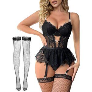 Women's Black Lace Bodysuit Underwire Babydoll Lingerie Set Garter Belt